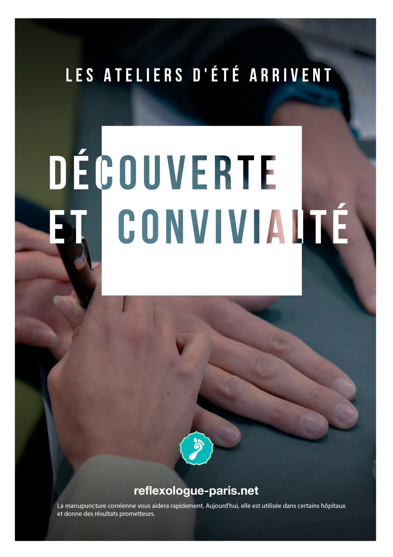 Les Ateliers d'été arrivent ! Participez à ces moments découverte et de convivialité Les vacances approchent avec les ateliers d'été. Vous souffrez de douleurs suite à un choc ? maux de tête, Fatigue ? Courbatures ? Et vous n'avez pas de quoi vous soulager sur vous ? La manupuncture corréenne vous aidera rapidement. Aujourd'hui, elle est utilisée dans certains hôpitaux et donne des résultats prometteurs.